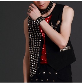 Black men's male fashion rivet patchwork stage performance dj ds hip hop jazz singer punk rock dance tops vest waistcoats